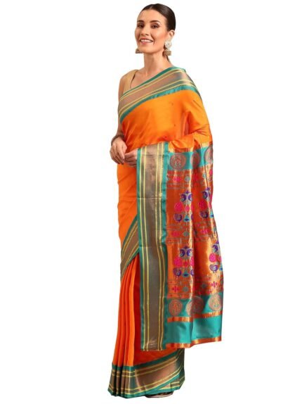 Varkala Silk Sarees Maharani Paithani Saree 5.5 Meter Silk Blend with Copper Zari Peacock Pallu & Unstitched Blouse