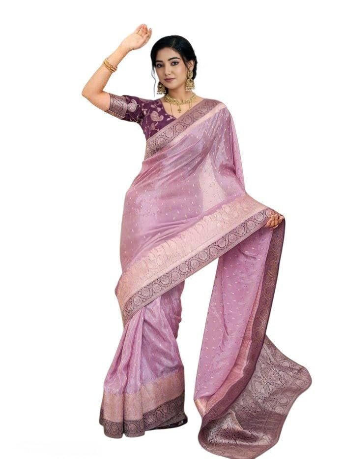 Women's Original Kanjivaram Pure Soft Lichi Silk Reach Jari Hand Woven Traditional Silk Saree With Unstich Blouses Piecs