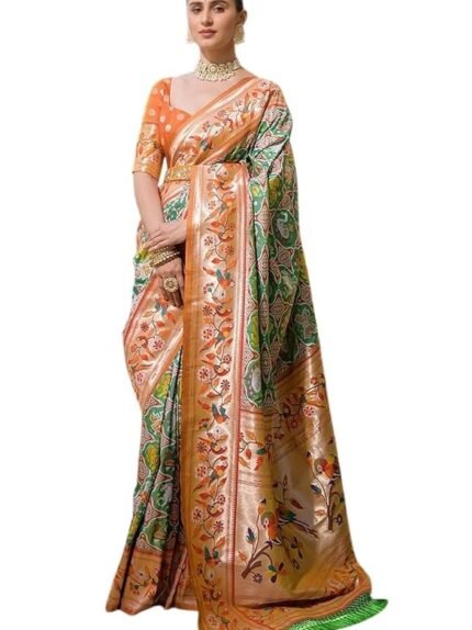 Women's Original Knchi Pattu Banarasi Paithani Patola Silk With Golg Jaari Weving Meena Designer Saree With Blouses Piecs