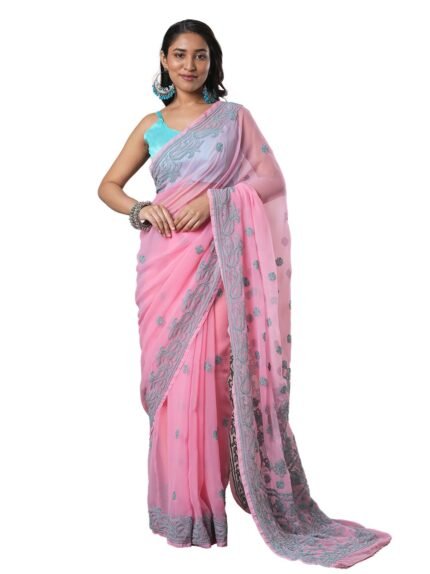 Ada Hand Embroidered Lucknowi Chikankari Georgette with Unstitched Blouse Piece for Women - Saree 4590