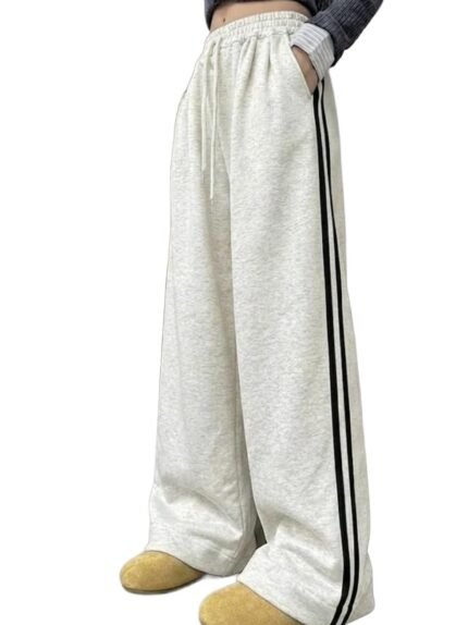 dockstreet Straight Long Length Trouser Style Drawstring Contrast Belt Black and White Trackpant for Women/Trending, Relaxed Casual Lowers for Women