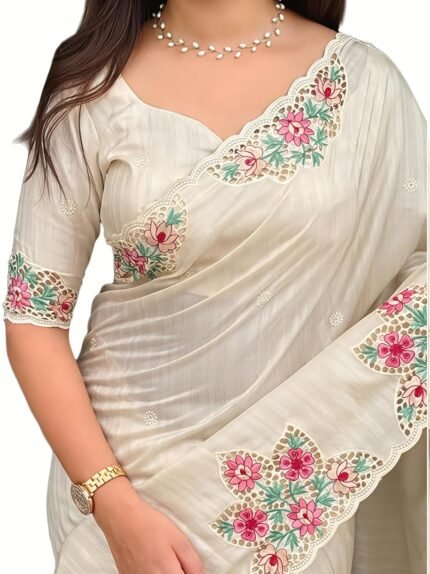 Women's Floral Thread Embroidered Cut Work Tussar Cotton Saree With Blouse
